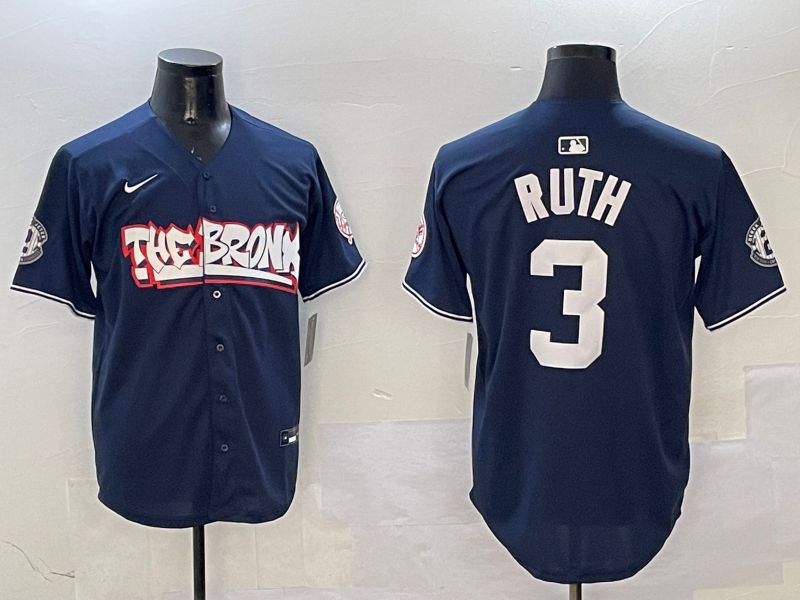Men New York Yankees 3 Ruth Drak Blue four generations Joint Name 2025 Nike MLB Jersey style 1